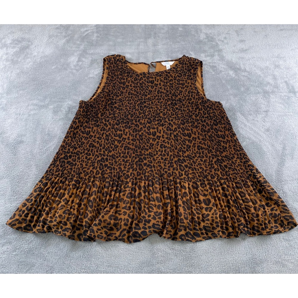 Time and Tru Womens XL Leopard Print Micro Pleated Sleeveless Peplum Top Brown